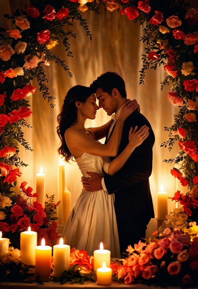 A serene couple embracing in a romantic setting, surrounded by soft, glowing candlelight and blooming flowers, symbolizing love and connection. The atmosphere should feel warm and inviting, with hints of sensuality through flowing fabrics and gentle touches. Include vibrant colors that evoke passion and joy. soft focus. warm tones. romantic art.