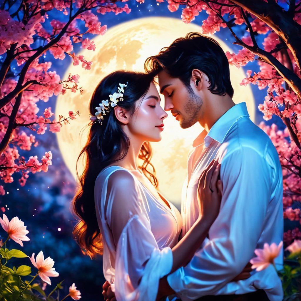 A couple wrapped in an intimate embrace under a soft, glowing moonlight, surrounded by swirling petals and a garden of blooming flowers that symbolize passion and desire. Their eyes reflect a deep connection, with hints of warmth and tenderness in their expressions. The atmosphere is dreamlike, hinting at the depth of romance and connection. ethereal art style. vibrant colors. soft focus.
