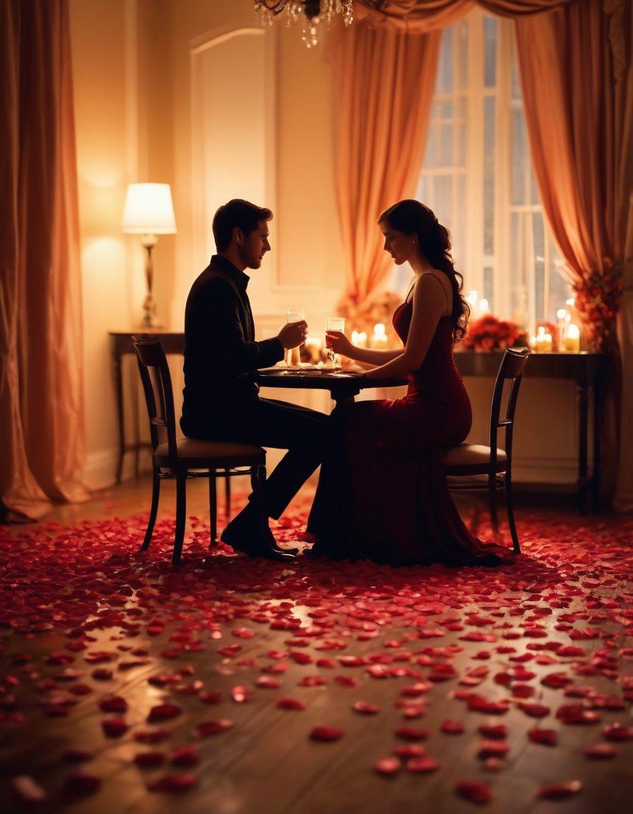 A romantic setting with a soft, dimly lit ambiance featuring a couple engaged in an intimate conversation, surrounded by cascading rose petals and flickering candlelight. The couple should be depicted in a moment of genuine connection, with their body language conveying passion and desire. Emphasize warm colors like deep reds and soft golds to evoke feelings of intimacy and allure. The background can feature blurred silhouettes of a beautifully decorated room, enhancing the atmosphere of romance. super-realistic. warm tones. soft focus.